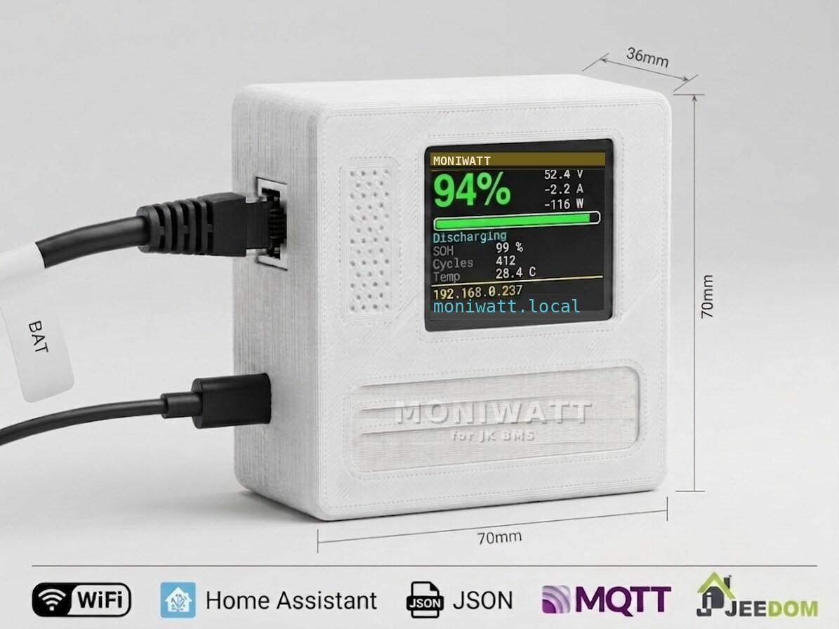 MoniWatt for JK BMS Wi-Fi box with screen showing pack charge, voltage and current