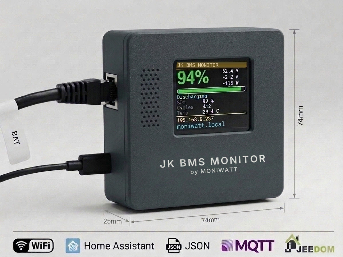 Caja Wi-Fi JK BMS Monitor con pantalla que muestra la carga, la tensión y la corriente del pack